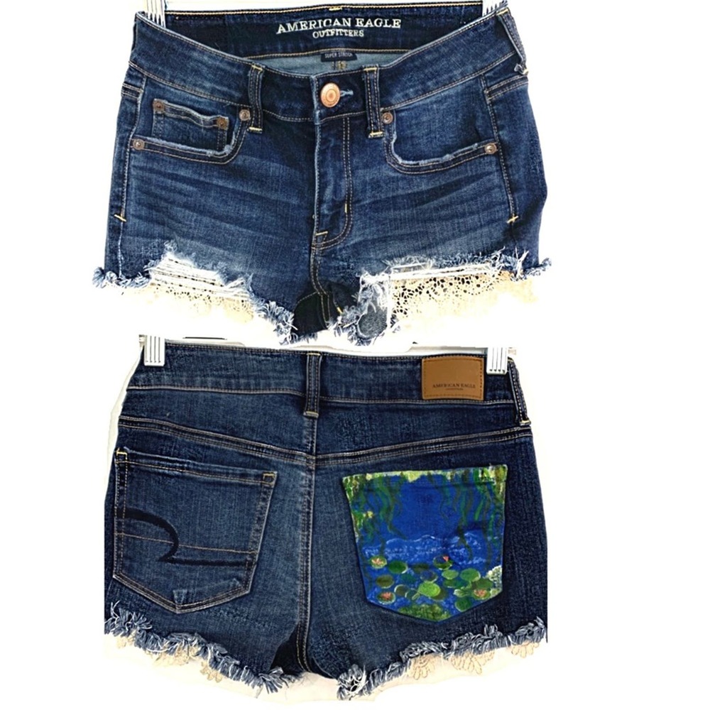 AE Lace Distressed Hand painted pond Denim shorts
